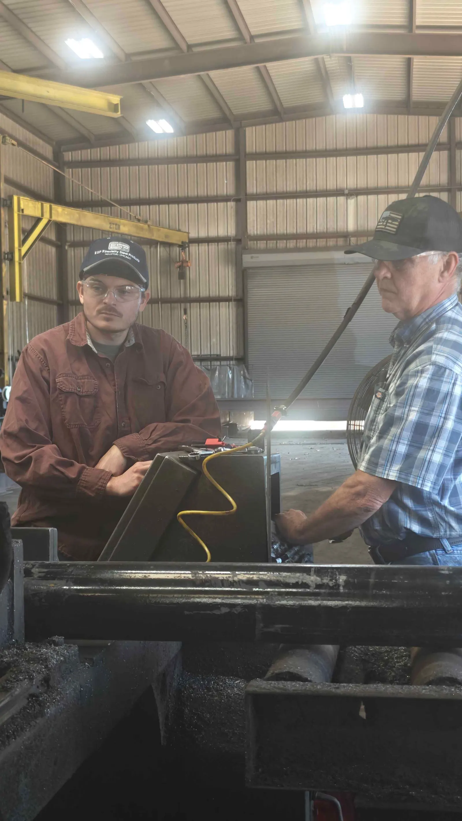 Mobile industrial band saw repair on-site at a Greater Houston metal fabrication shop · Saw Service 3G
